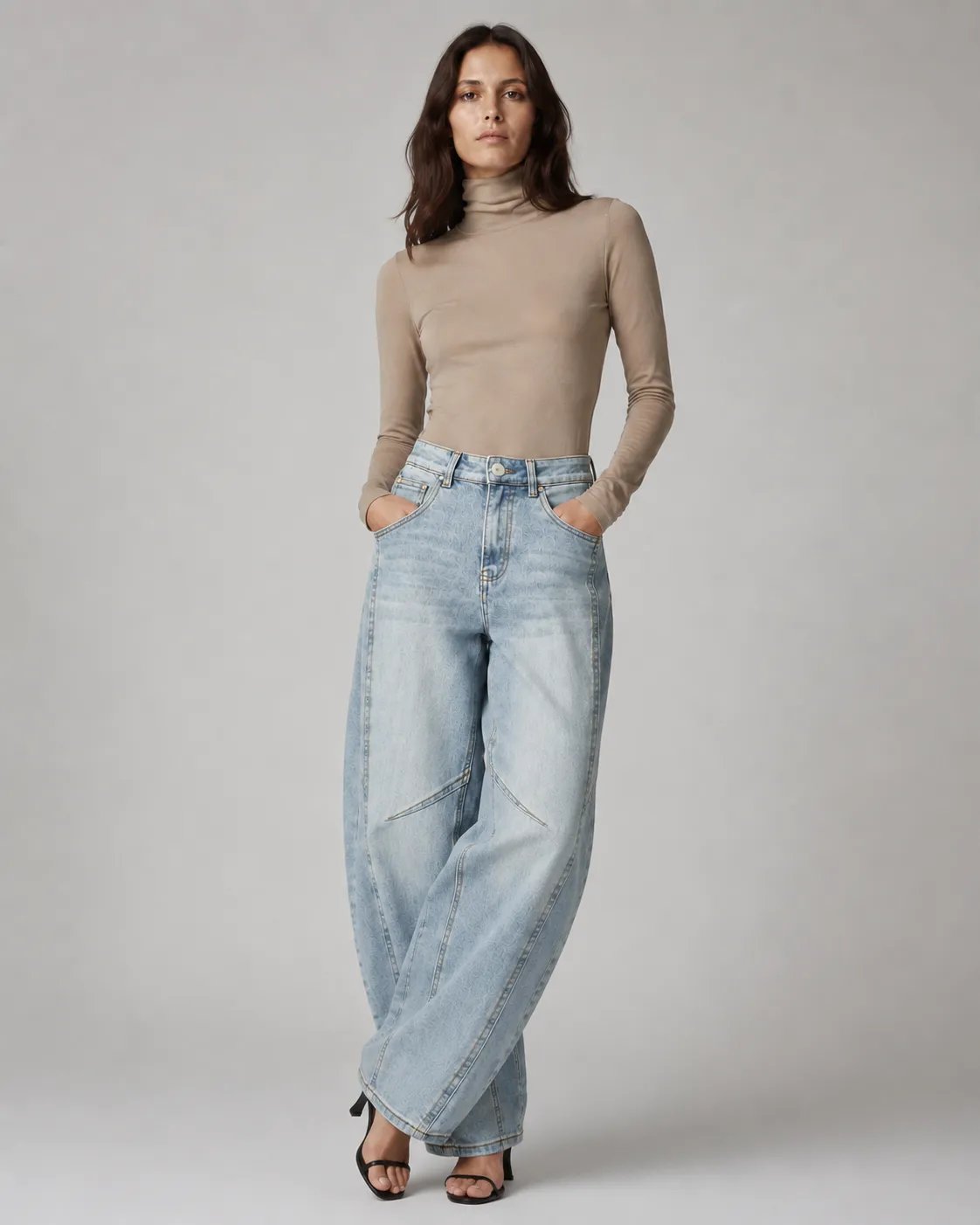 Jeans Barrel Fit de Mezclilla Clara Tiro Alto para Mujer