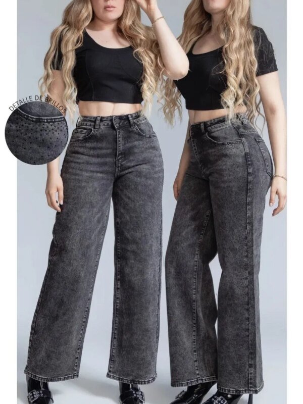 Jeans Wide Leg Lavado Acido con Brillos para Mujer Tallas Grandes
