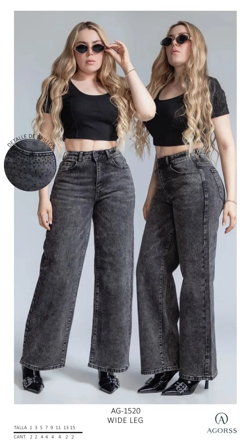 Jeans Wide Leg Lavado Acido con Brillos para Mujer Tallas Grandes