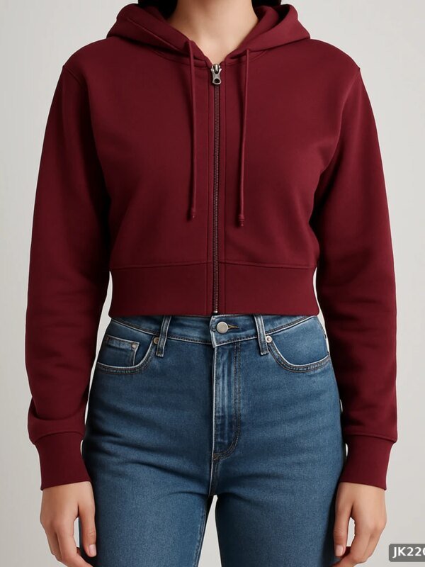 Sudadera Cropped con Cierre y Capucha Color Vino para Mujer
