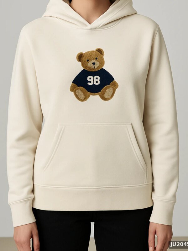 Hoodie Oversize con Bordado de Osito para Mujer Estilo Casual