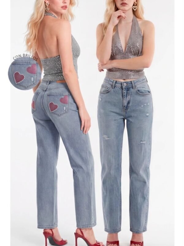 Jeans Straight Fit Lavado Claro con Corazones Brillantes para Mujer