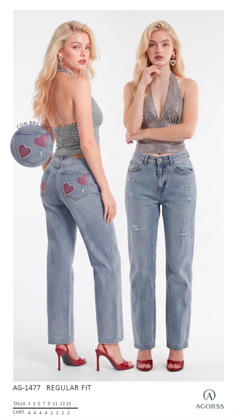 Jeans Straight Fit Lavado Claro con Corazones Brillantes para Mujer