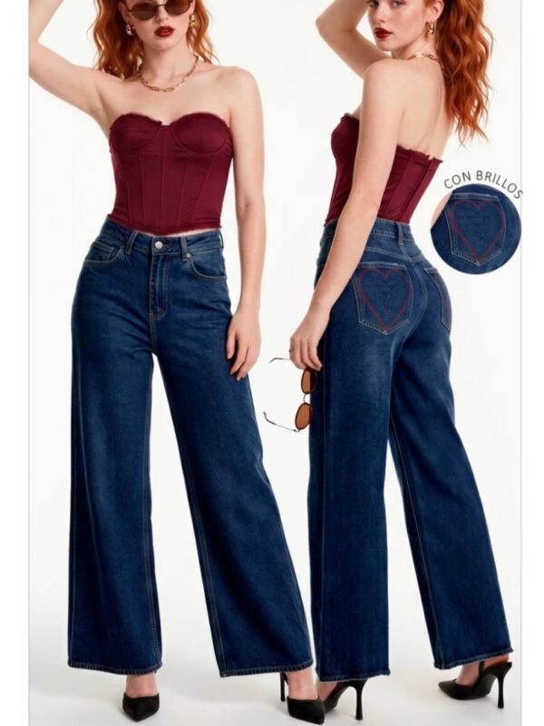 Pantalon Wide Leg de Mezclilla con Bolsillos de Corazon para Mujer