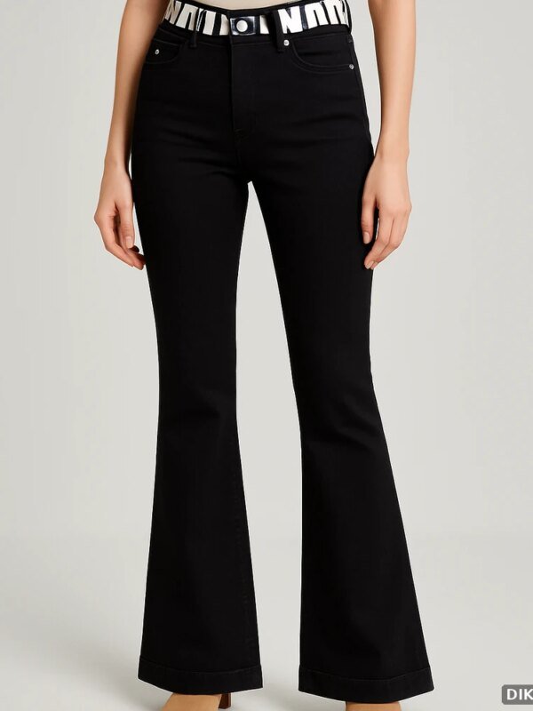 Pantalon Acampanado Negro de Tiro Alto Estilo Flare para Mujer