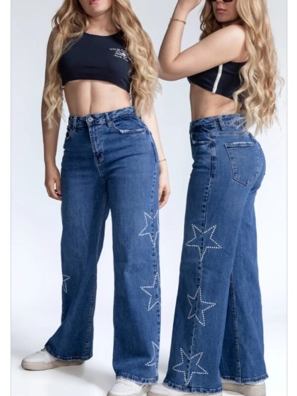 Pantalon Wide Leg de Mezclilla con Estrellas de Pedreria para Mujer