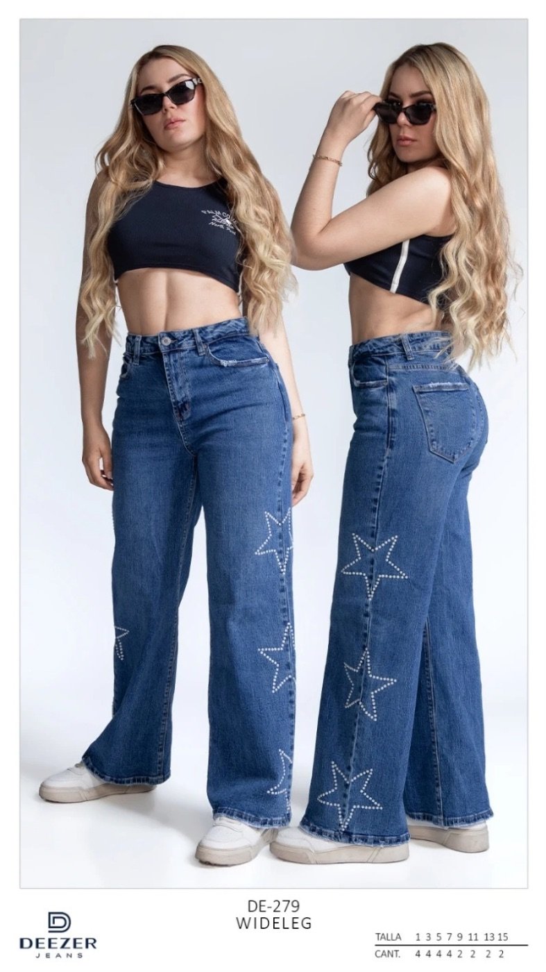 Pantalon Wide Leg de Mezclilla con Estrellas de Pedreria para Mujer