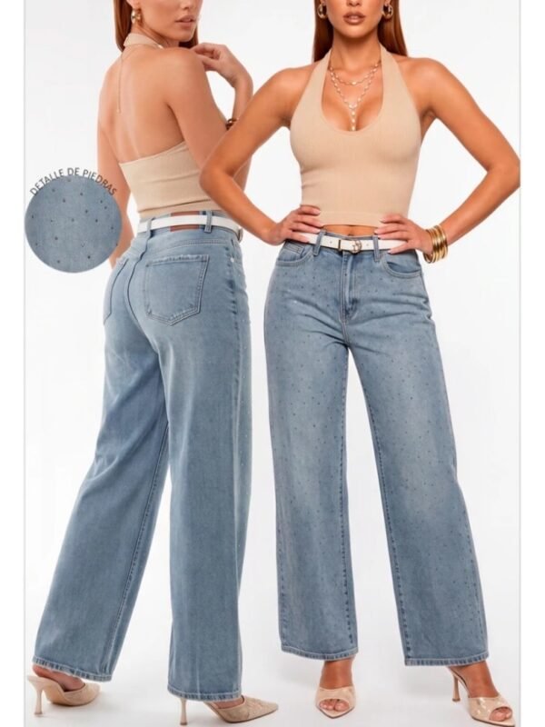 Jeans Wide Leg con Piedras y Cinto para Mujer Estilo Chic