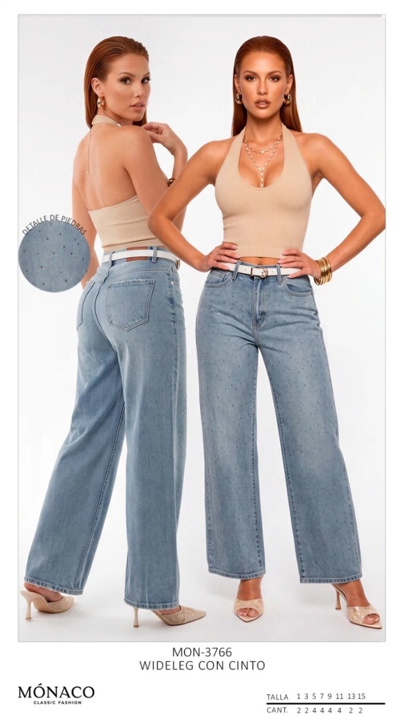 Jeans Wide Leg con Piedras y Cinto para Mujer Estilo Chic
