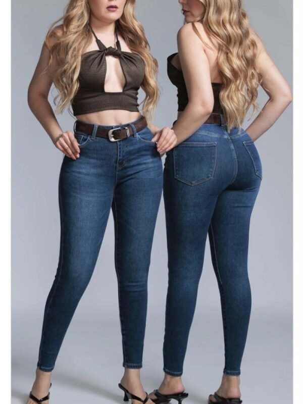 Pantalon Skinny Tiro Alto de Mezclilla Azul con Cinto para Mujer