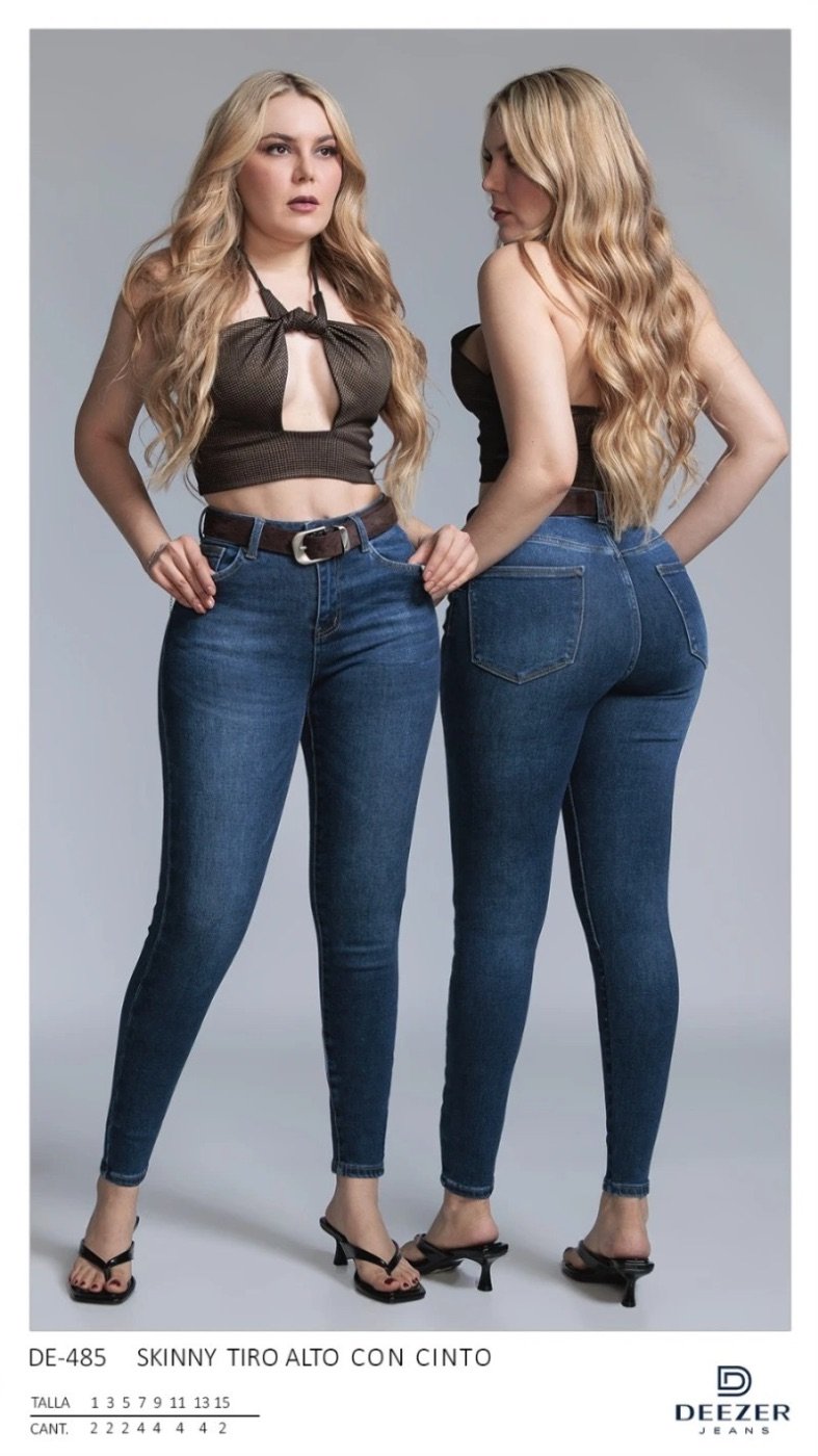 Pantalon Skinny Tiro Alto de Mezclilla Azul con Cinto para Mujer