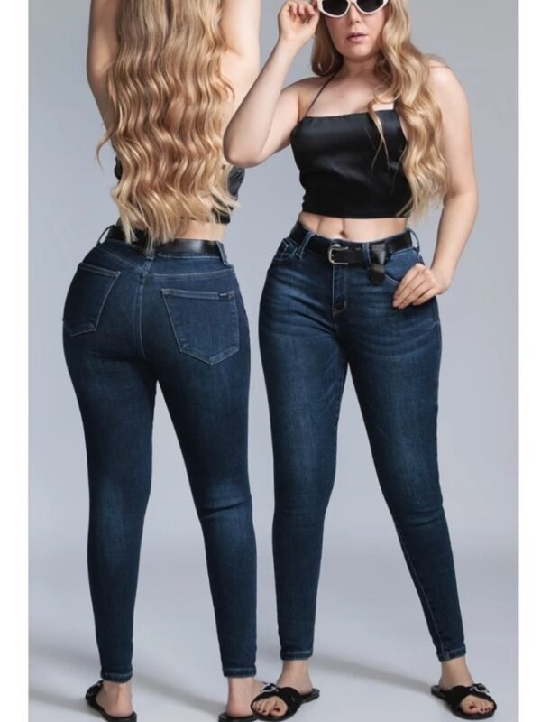 Pantalon Skinny Tiro Alto con Cinto de Mezclilla Oscura para Mujer
