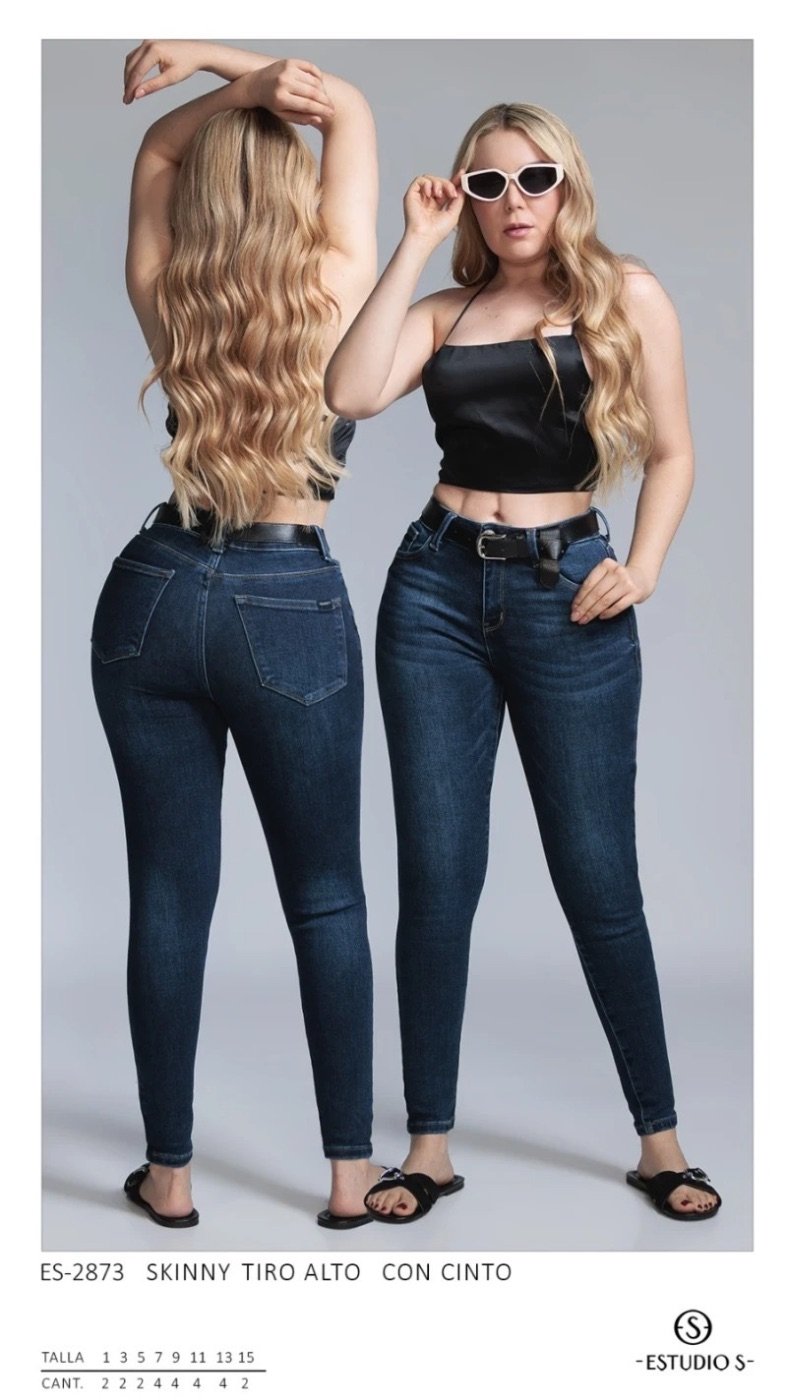 Pantalon Skinny Tiro Alto con Cinto de Mezclilla Oscura para Mujer