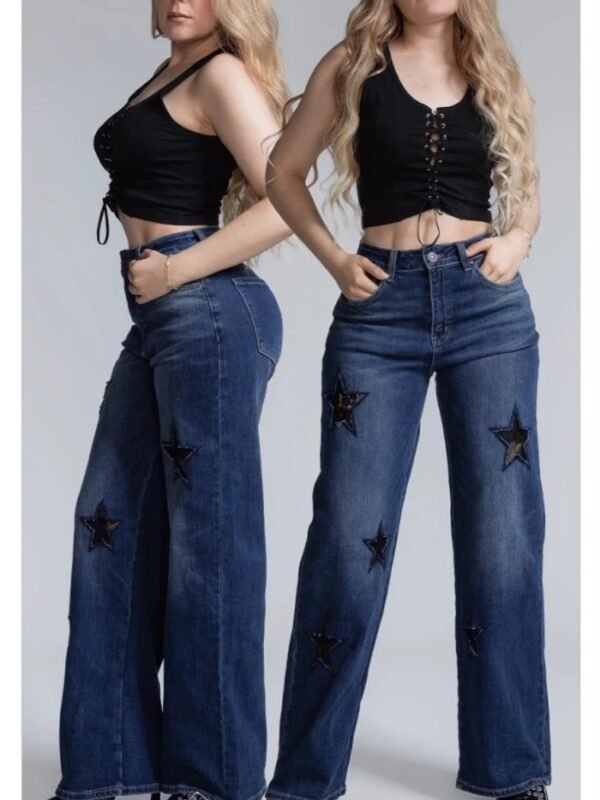 Pantalon Wide Leg de Mezclilla con Estrellas Decorativas para Mujer