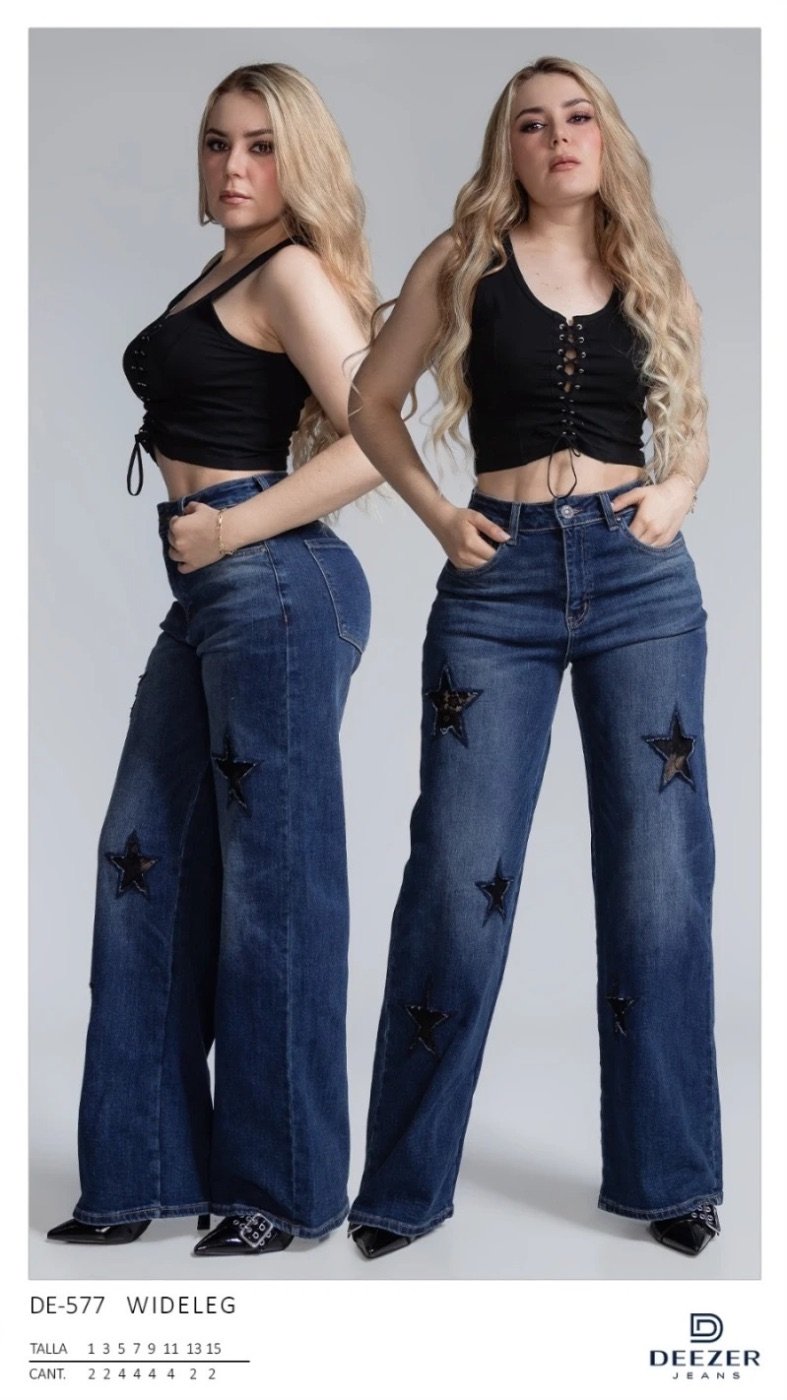 Pantalon Wide Leg de Mezclilla con Estrellas Decorativas para Mujer