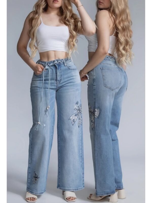 Pantalon Wide Leg de Mezclilla con Bordados y Cinto para Mujer