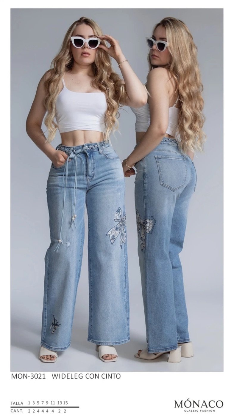 Pantalon Wide Leg de Mezclilla con Bordados y Cinto para Mujer