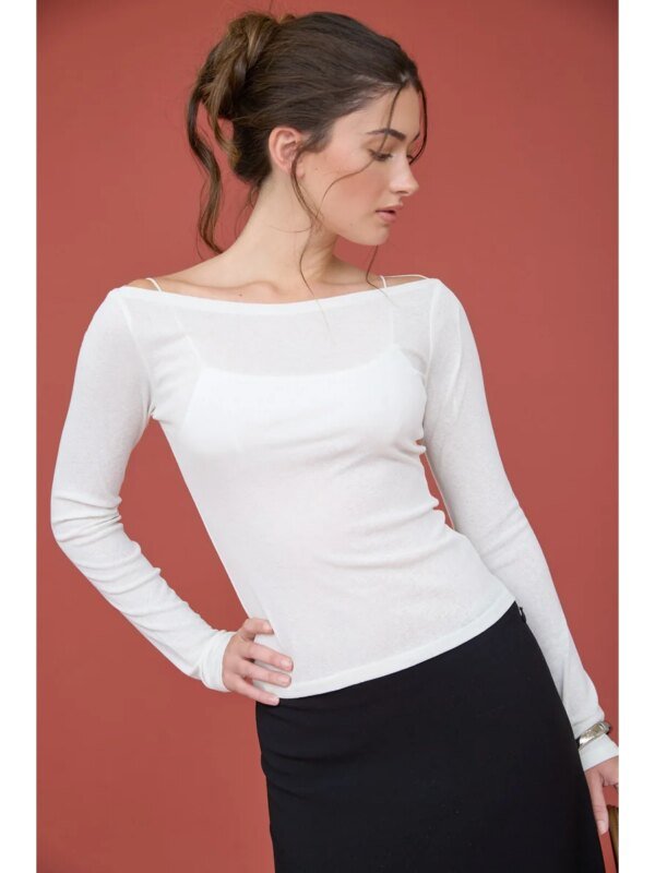 Blusa Manga Larga Escote Barco Ajustada Elegante para Mujer