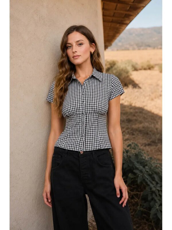 Blusa Cuadros Gingham con Corset Integrado Estilo Vintage para Mujer