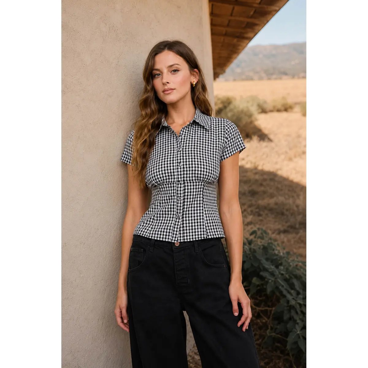 Blusa Cuadros Gingham con Corset Integrado Estilo Vintage para Mujer