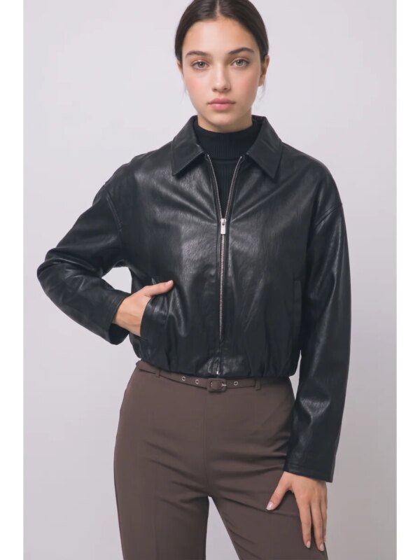 Chamarra Cropped de Vinil Estilo Bomber con Zipper para Mujer