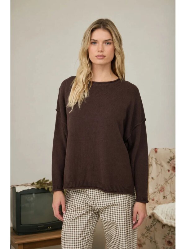 Suéter Oversize de Punto Acanalado Color Chocolate para Mujer
