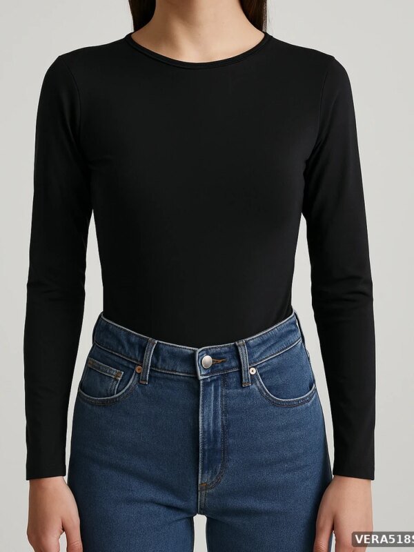 Body de Manga Larga Ajustado Color Negro Basico para Mujer