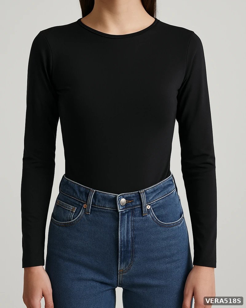 Body de Manga Larga Ajustado Color Negro Basico para Mujer