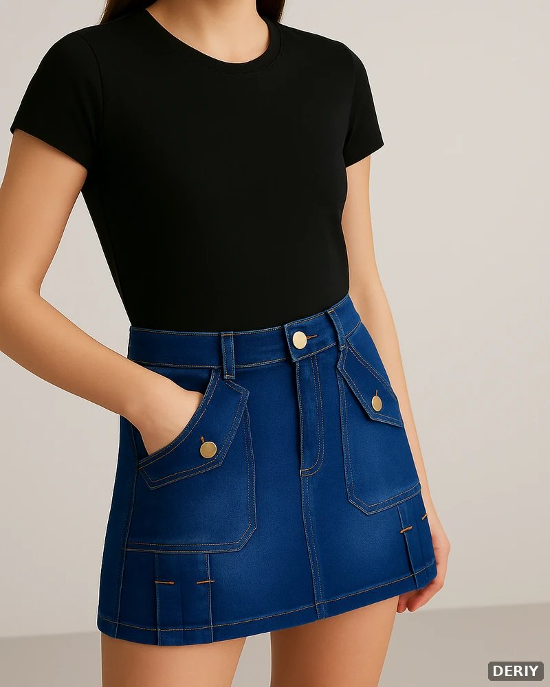Minifalda Cargo de Mezclilla Azul con Bolsillos Dorados para Mujer - vista 3