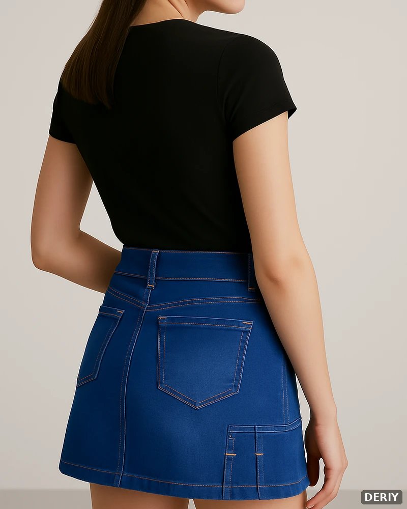 Minifalda Cargo de Mezclilla Azul con Bolsillos Dorados para Mujer - vista 8