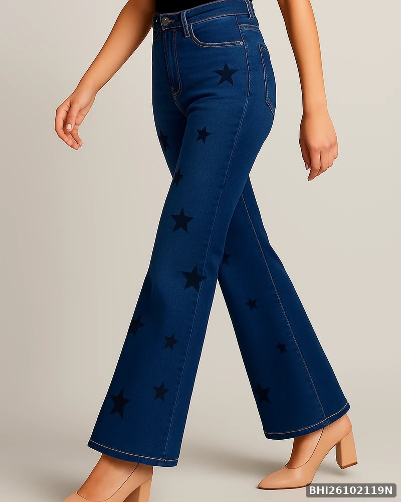 Jeans Wide Leg con Estampado de Estrellas en Mezclilla Azul para Mujer - vista 2