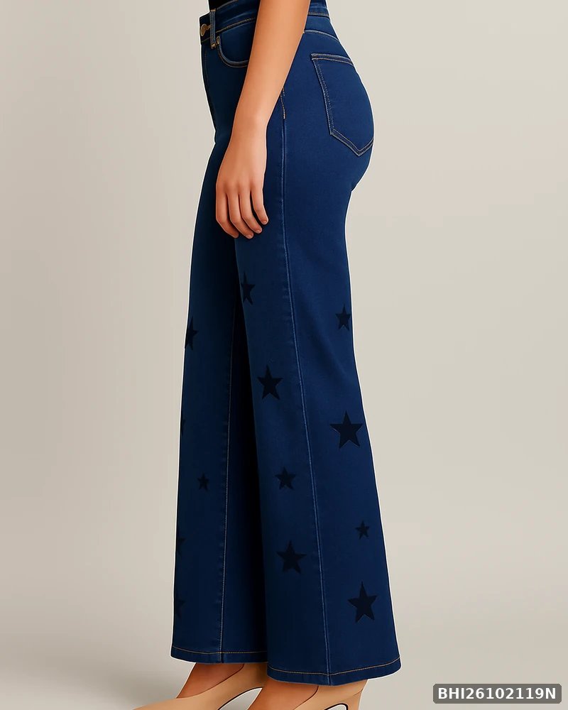 Jeans Wide Leg con Estampado de Estrellas en Mezclilla Azul para Mujer - vista 3