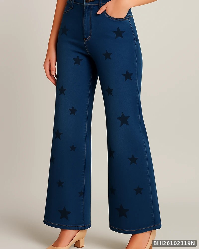 Jeans Wide Leg con Estampado de Estrellas en Mezclilla Azul para Mujer - vista 4
