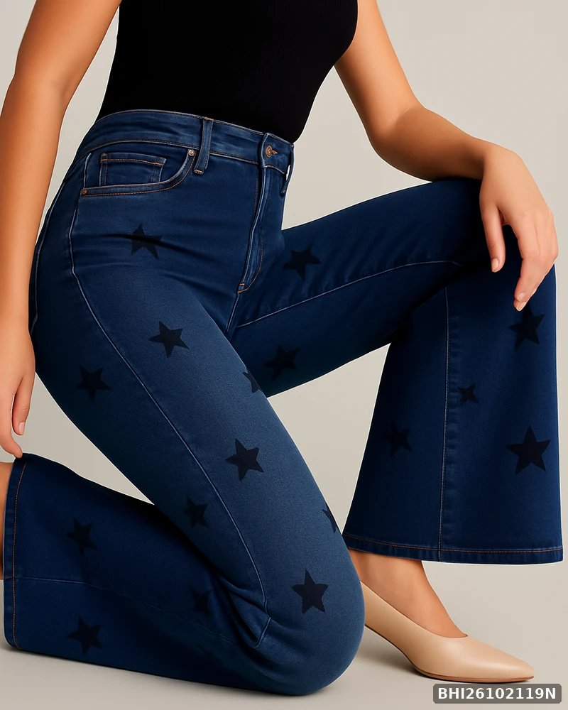Jeans Wide Leg con Estampado de Estrellas en Mezclilla Azul para Mujer - vista 5