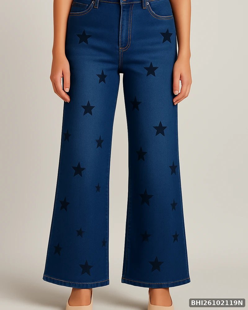Jeans Wide Leg con Estampado de Estrellas en Mezclilla Azul para Mujer - vista 6