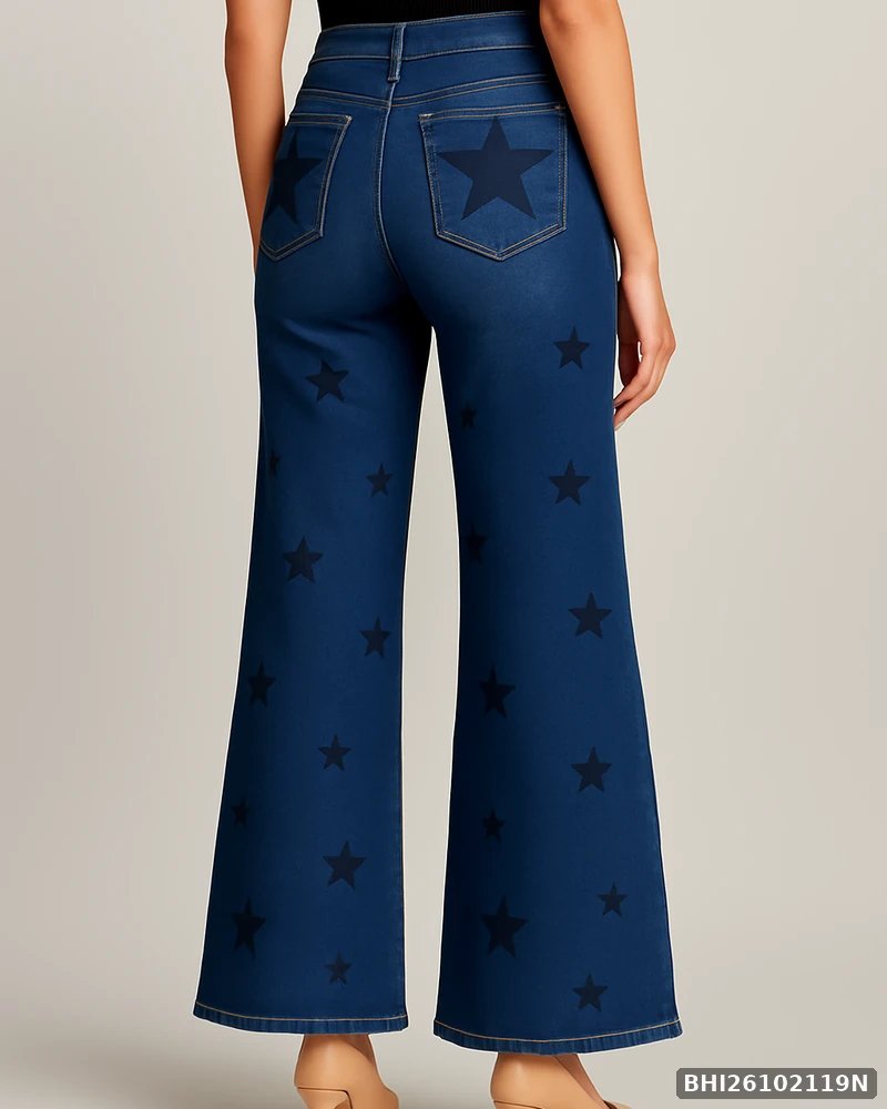 Jeans Wide Leg con Estampado de Estrellas en Mezclilla Azul para Mujer - vista 7