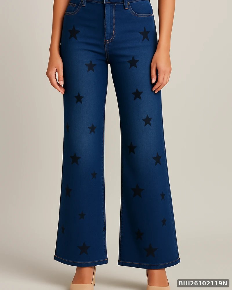 Jeans Wide Leg con Estampado de Estrellas en Mezclilla Azul para Mujer - vista 8