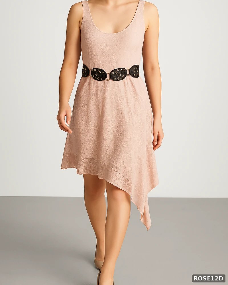 Vestido de Encaje Rosa Asimétrico con Cinturón para Mujer - vista 3