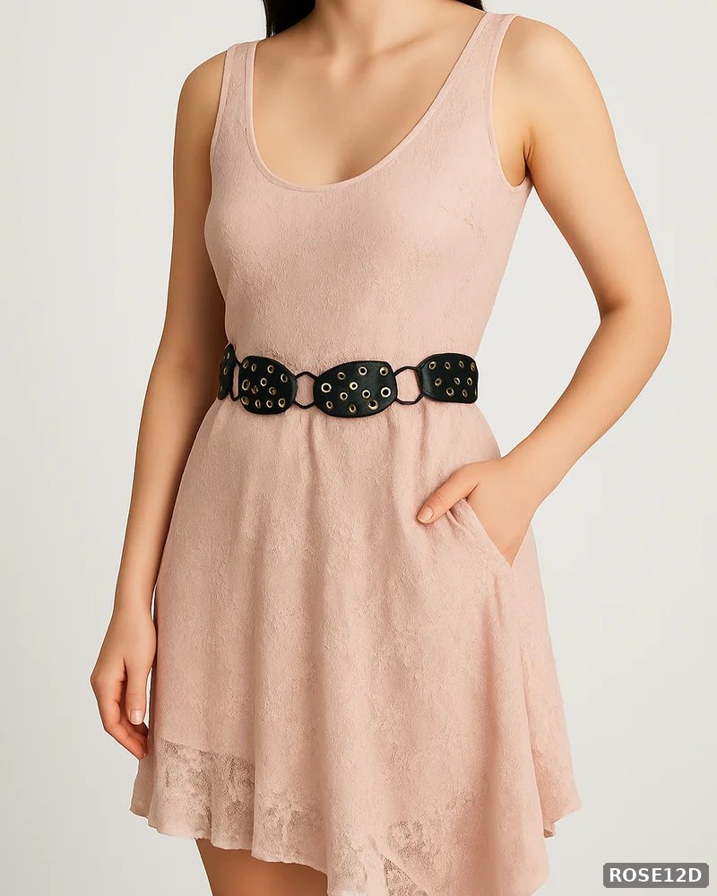 Vestido de Encaje Rosa Asimétrico con Cinturón para Mujer - vista 4