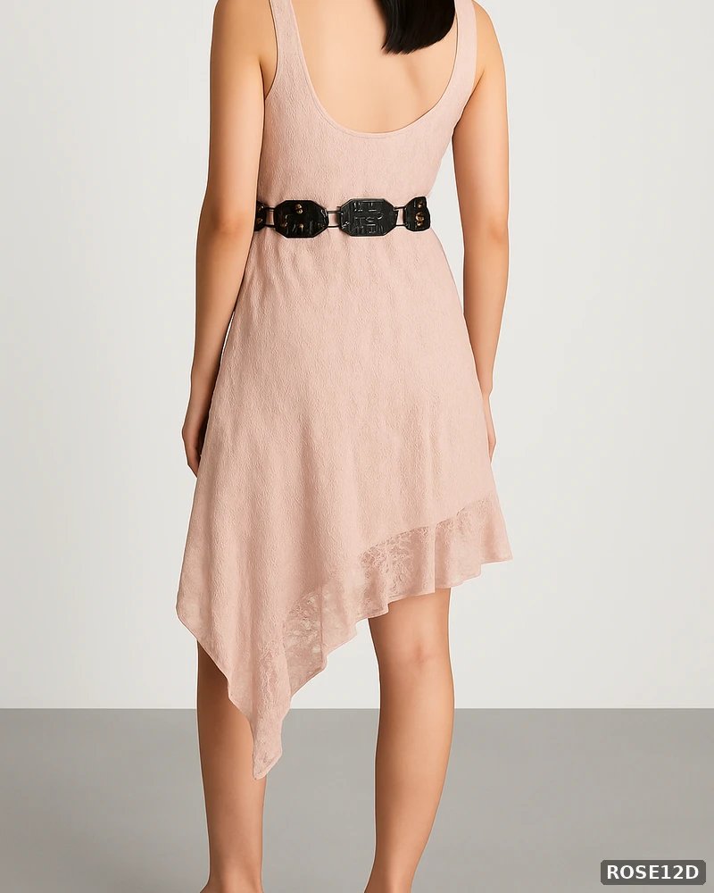 Vestido de Encaje Rosa Asimétrico con Cinturón para Mujer - vista 6
