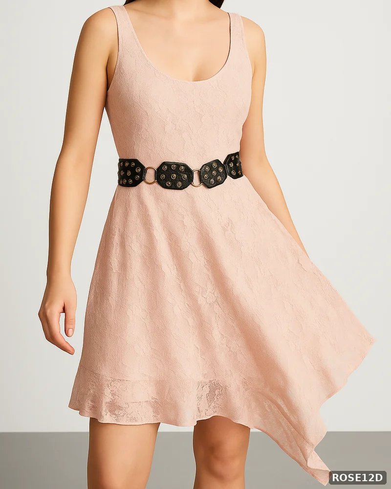 Vestido de Encaje Rosa Asimétrico con Cinturón para Mujer - vista 7