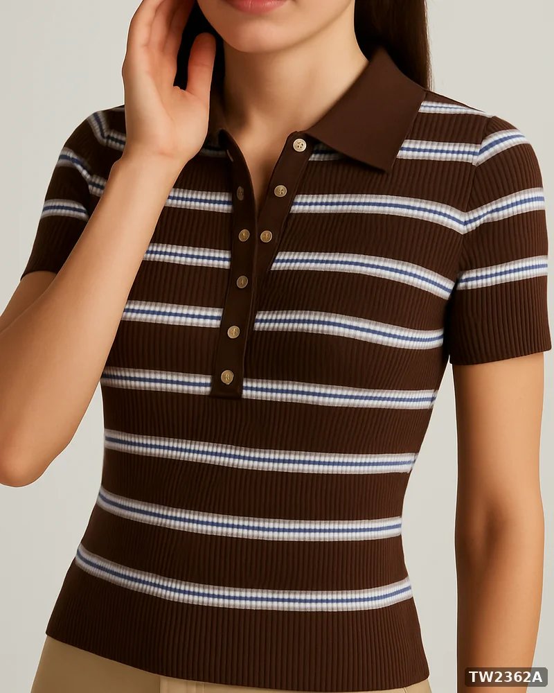 Polo Tejida de Rayas Estilo Retro en Color Café para Mujer - vista 2