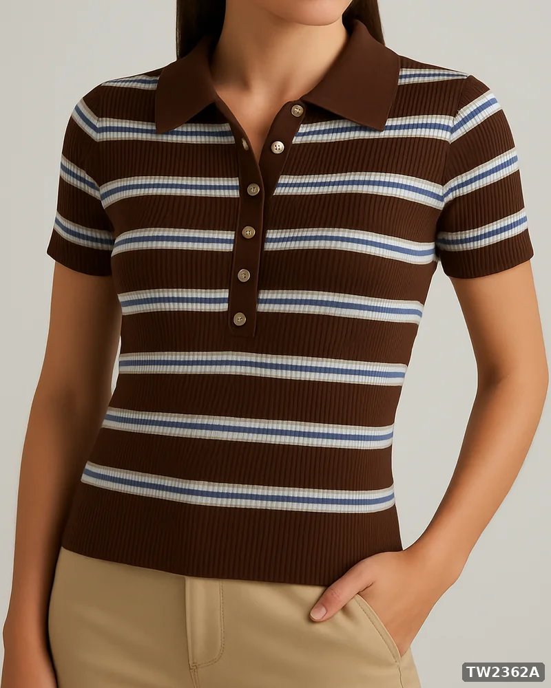 Polo Tejida de Rayas Estilo Retro en Color Café para Mujer - vista 3