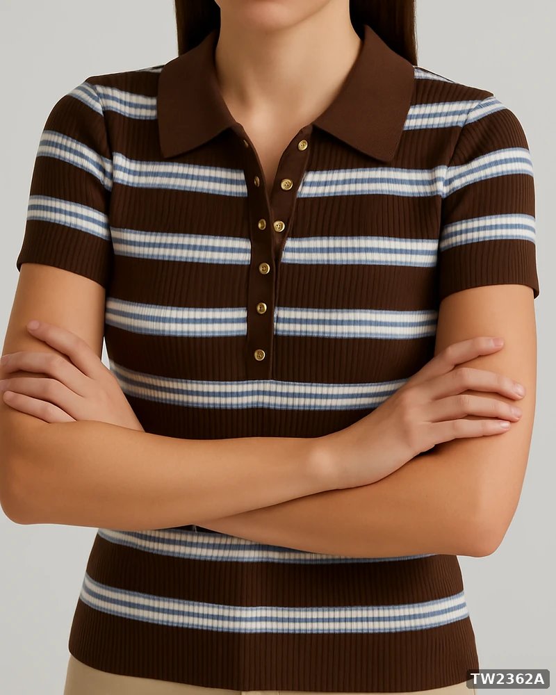 Polo Tejida de Rayas Estilo Retro en Color Café para Mujer - vista 4
