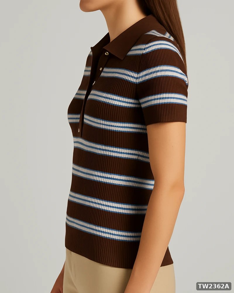 Polo Tejida de Rayas Estilo Retro en Color Café para Mujer - vista 5