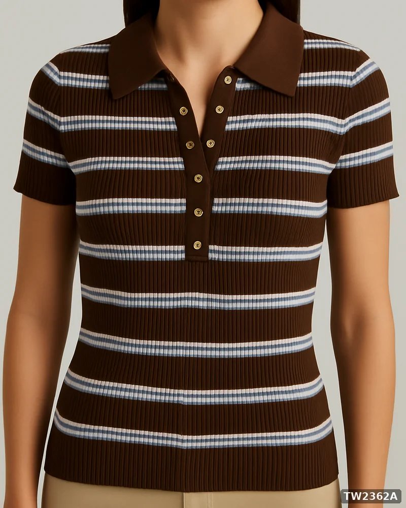 Polo Tejida de Rayas Estilo Retro en Color Café para Mujer - vista 6