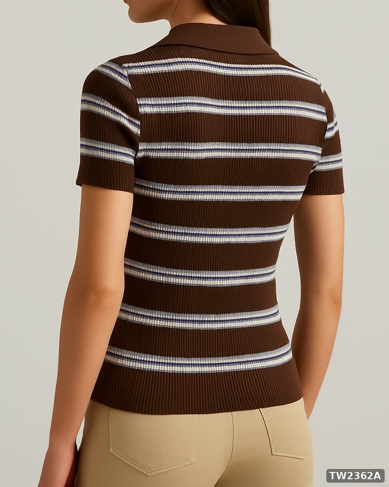 Polo Tejida de Rayas Estilo Retro en Color Café para Mujer - vista 7