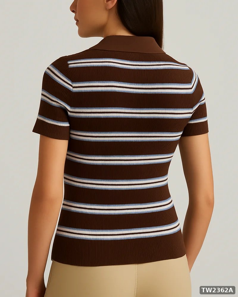 Polo Tejida de Rayas Estilo Retro en Color Café para Mujer - vista 8