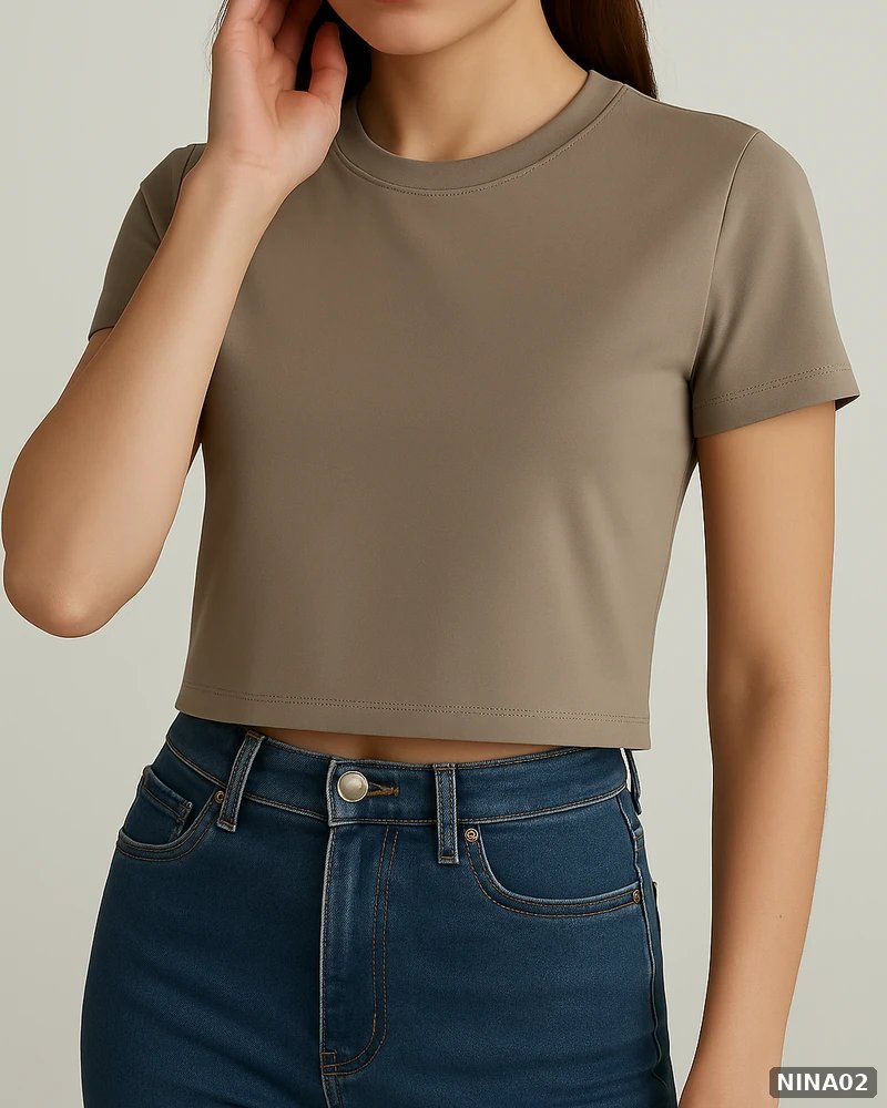 Blusa Crop Top Básica de Cuello Redondo Color Taupe para Mujer - vista 2