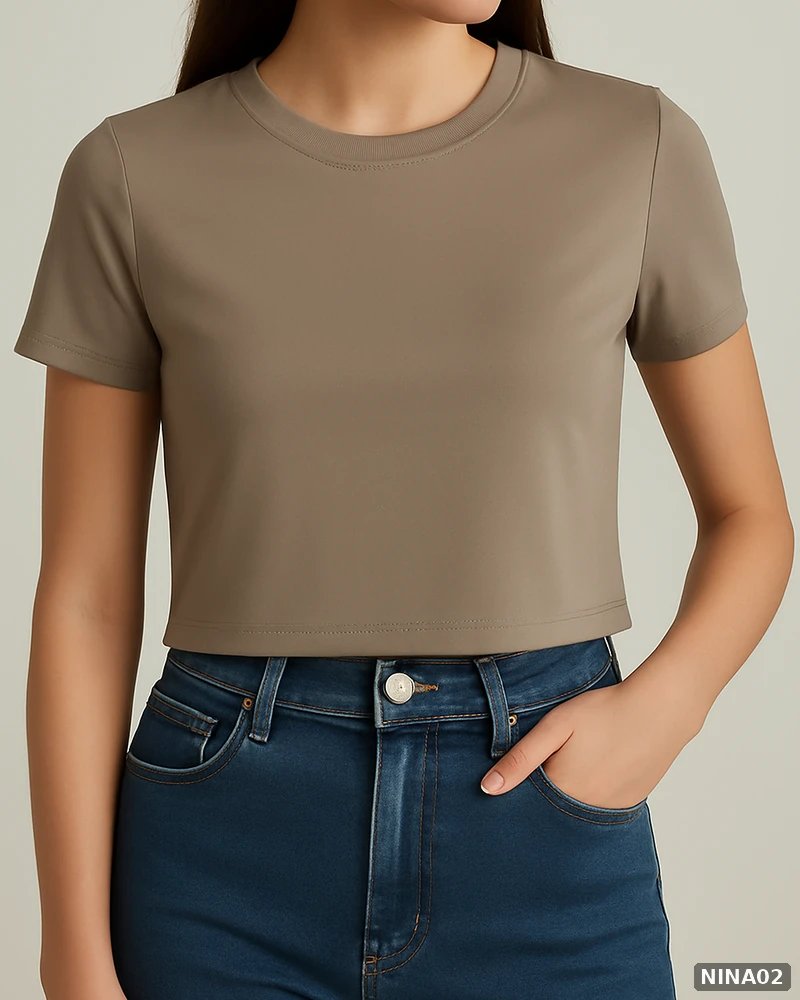 Blusa Crop Top Básica de Cuello Redondo Color Taupe para Mujer - vista 3